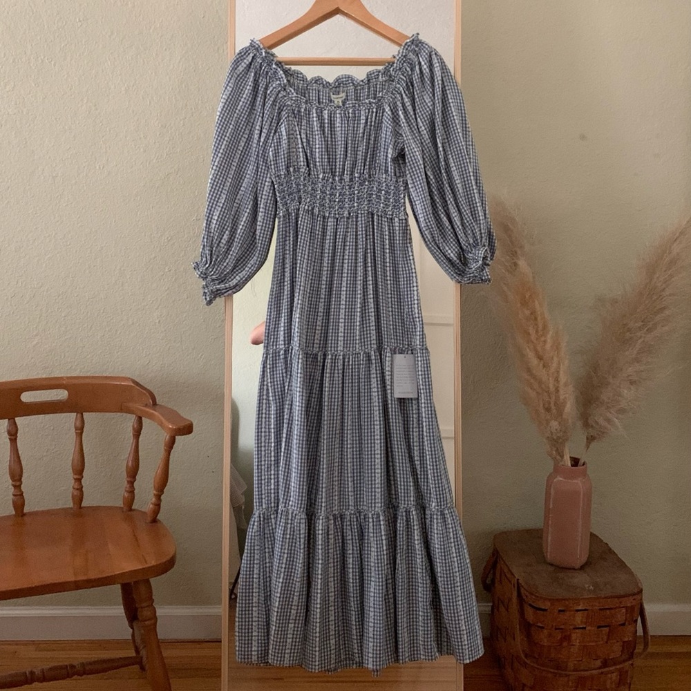 Smocked Gingham Puff Sleeve Maxi Dress